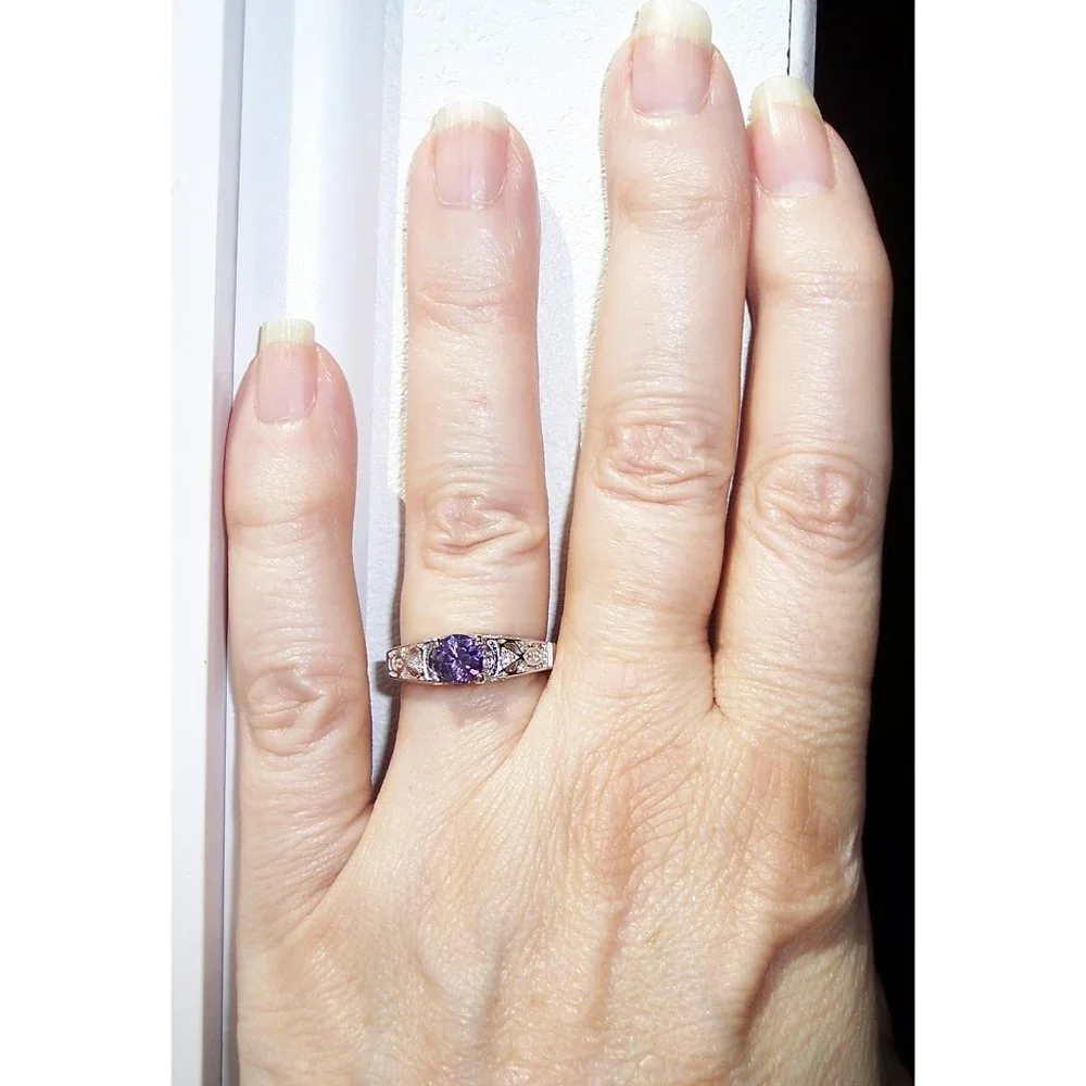 925 STERLING SILVER Round Cut Simulated Amethyst Cubic Zirconia Ring - Picture 3 of 16